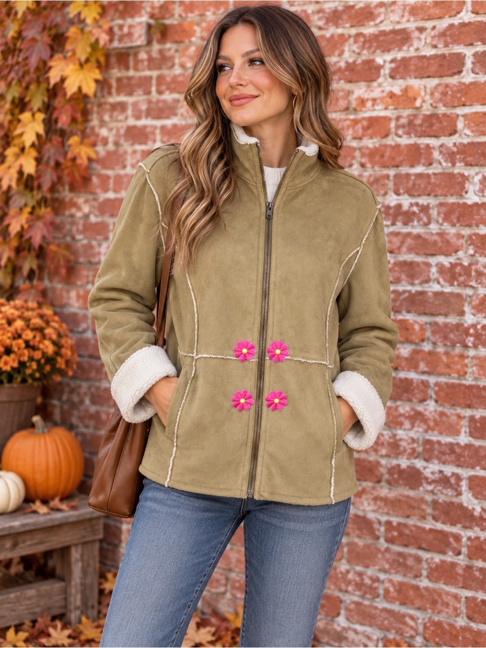 Coach Upcycled
Faux Suede and Shearling Front Zip Floral Embroidered Jacket